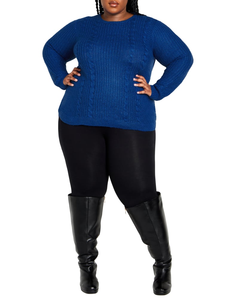 Front of a model wearing a size 18/20 SWEATER CABLE in Cobalt by avenue. | dia_product_style_image_id:320305
